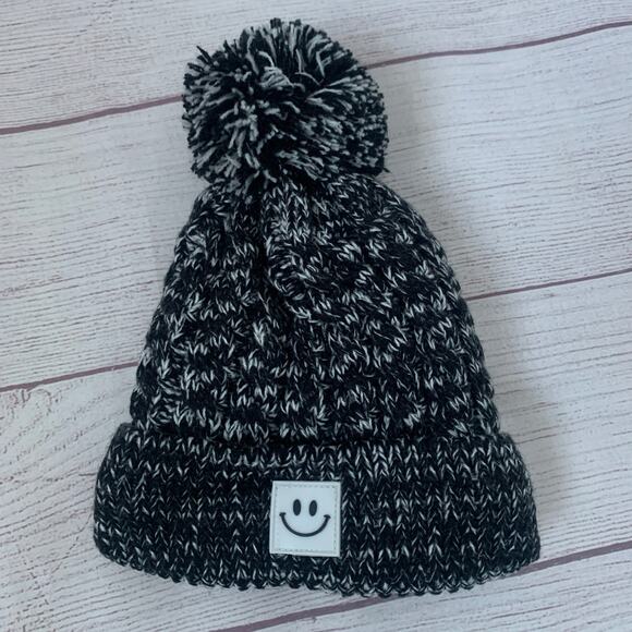 Kids Black and White Stocking Hat with Pom Folded Cuff Fleece Interior Small - Picture 2 of 11